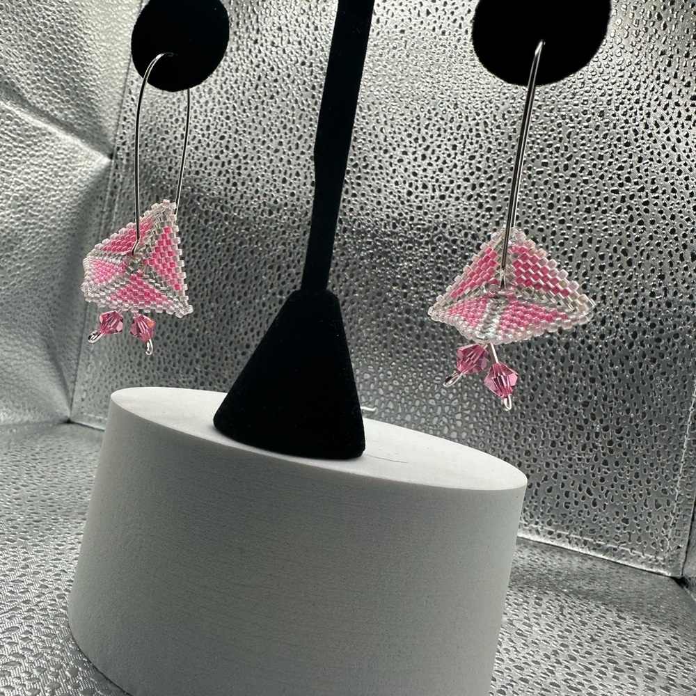 Pink and White Miyuki Glass Seed Beaded Warped Square Earrings